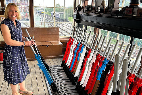 Helen in the signal room at Oswestry Station