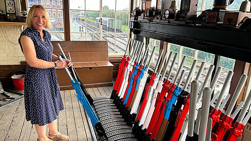 Helen in the signal room at Oswestry Station