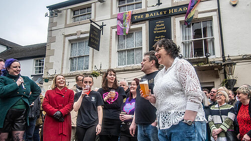 Helen joins in the celebrations at the Bailey Head