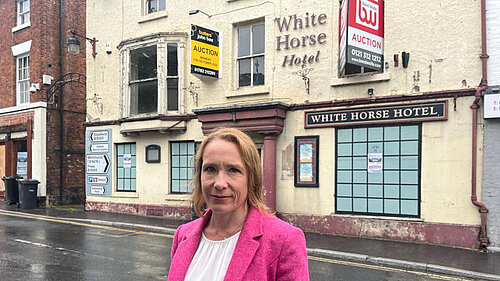 Helen Morgan outside the White Horse pub in Wem