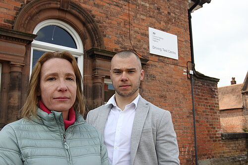 Helen Morgan with local resident at the closed Whitchurch Test Centre