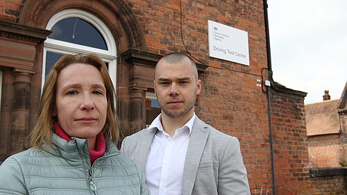 Helen Morgan with local resident at the closed Whitchurch Test Centre