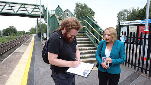 Helen Morgan campaigning at Whitchurch Station