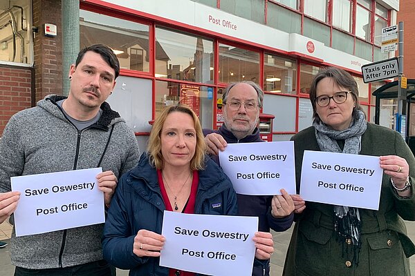 Helen Morgan and campaigners at Oswestry Post Office