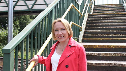 Helen Morgan at Whitchurch Station steps