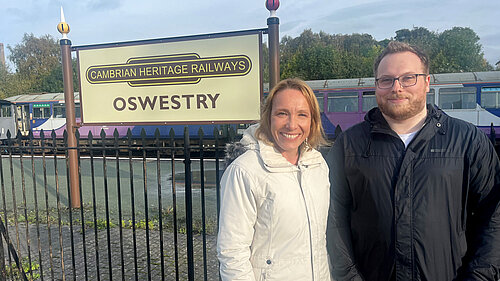 Helen Morgan with James Owen outside Oswestry Station