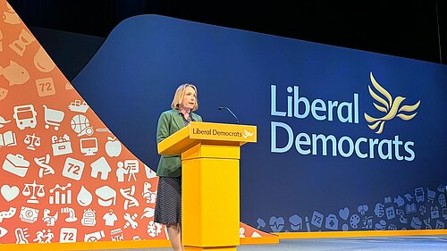 Helen Morgan speaking at Liberal Democrat conference