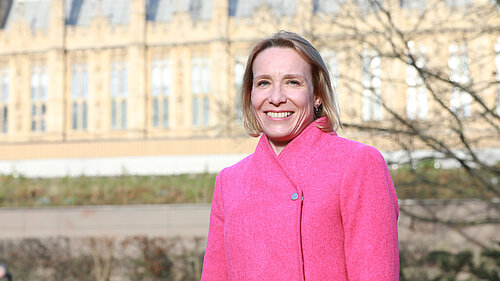 Helen Morgan outside the Houses of Parliament