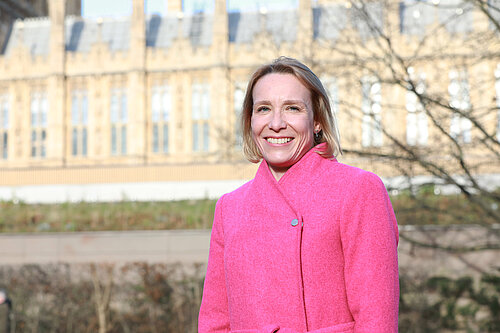 Helen Morgan outside the Houses of Parliament